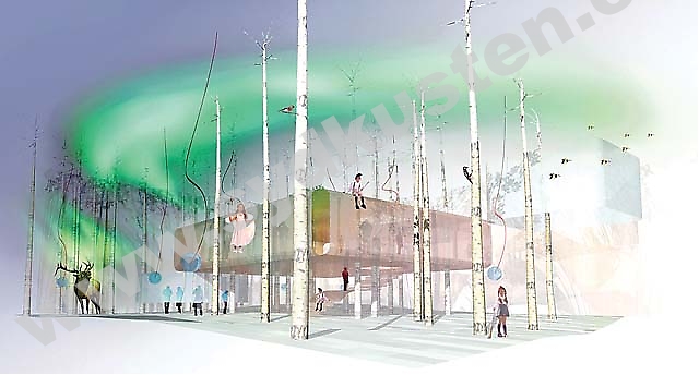 Sveriges närvaro i Expo Zaragoza 2008 har varit osäkert till sista stund. Först efter att företagen Ericsson, Volvo och Ikea erbjudit sig att finansiera projektet valde UD att anmäla en svensk paviljong. Bilden visar den preliminär skissen.